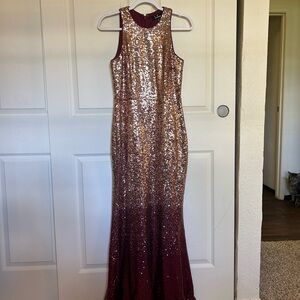 Gold and Maroon sequin floor length trumpet cut mermaid gown
